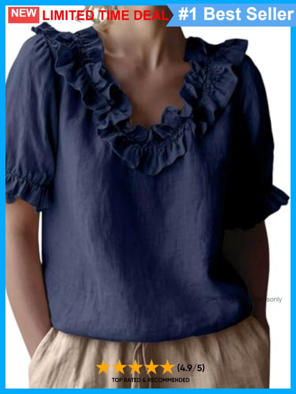 Cotton Linen Ruffle V-Neck Puff Sleeve Blouse Casual Vacation Top